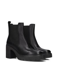 Stivali neri in pelle fino alla caviglia con pannelli laterali elasticizzati, tacco a blocco e suole testurizzate per una buona aderenza. Finitura liscia con linee pulite e design minimalista.