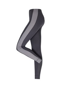 Dunkelgraue Leggings mit einem breiten hellgrauen Streifen, der an der Außenseite jedes Beins verläuft, dargestellt in einer leicht gebeugten Beinpose.