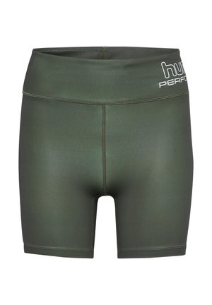 Performance shorts van donkergroen materiaal met een gladde textuur, voorzien van een brede tailleband en platte naden voor comfort.