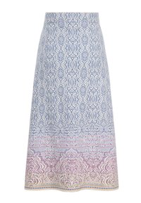 Vævet nederdel med et mønster i nuancer af blå, pink og creme, med en flagrende silhuet og en kant med intrikate motiver.