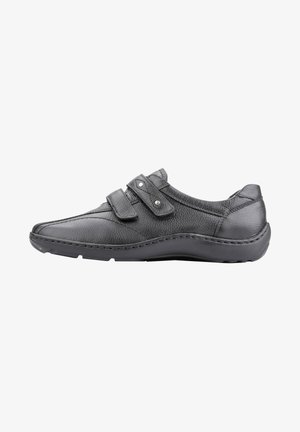 Schwarzer Lederschuh mit strukturiertem Finish, verstellbaren Klettverschlüssen, runder Zehenform und robustem Gummilaufsohle.