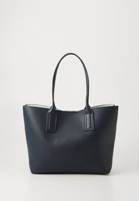 Navy blue leather tote bag with textured surface, two short rectangular handles, and open top design. Features a light-colored interior lining.