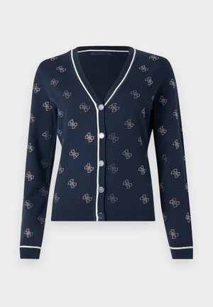 Μπλε σκούρο πλεκτή ζακέτα με V-λαιμόκοψη, κουμπιά μπροστά, λευκή περίμετρο, και επαναλαμβανόμενο λουλουδένιο μοτίβο σε ανοιχτά χρώματα. Μακριά μανίκια και ριμπ τελείωμα.