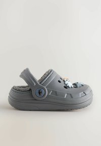 Sabot gris avec doublure en fausse fourrure douce, trous de ventilation et charms décoratifs représentant des personnages. Sangle réglable sur le côté pour un ajustement.