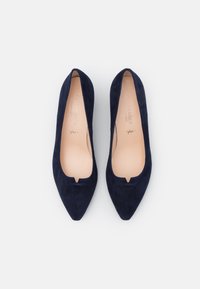 Bailarinas de ante en azul marino con punta afilada y un diseño de recorte sutil. Presentan una plantilla de cuero suave, una silueta minimalista y sin herrajes visibles.