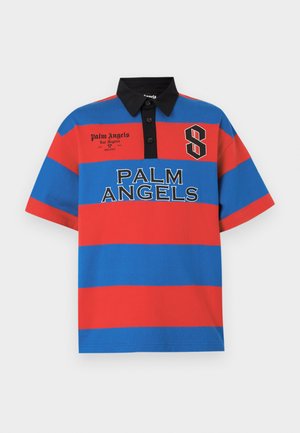 Short-sleeve polo shirt with wide red and blue horizontal stripes, black collar, button placket, and "Palm Angels" text on front.