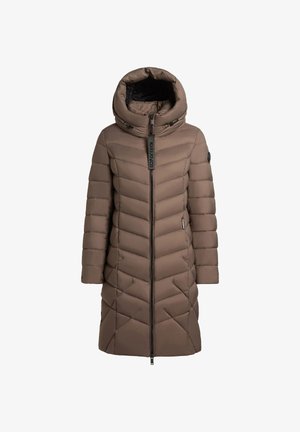 Brauner, knielanger gepolsterter Mantel mit großer Kapuze, Frontreißverschluss, seitlichen Taschen und verstellbaren Kordeln in der Kapuze.