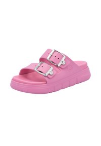 Pink slip-on sandals with two adjustable buckles, made of rubber-like material. Features a textured sole for grip and a wide front strap.