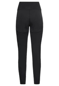 Leggings sportive nere con vita alta, superficie liscia e silhouette aderente; presentano tasche laterali.