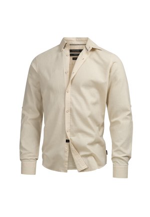 Beige long-sleeve shirt, button-down design, soft fabric, subtle texture, and contrasting stitching details at neckline and cuffs.
