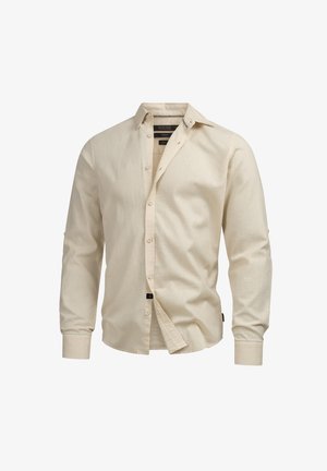 Beige long-sleeve shirt, button-down design, soft fabric, subtle texture, and contrasting stitching details at neckline and cuffs.