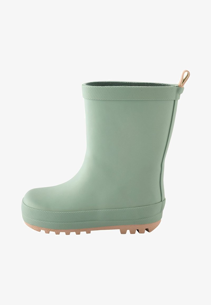 Stivaletto di gomma verde menta con bordo superiore testurizzato, linguetta dorata e suola gommata marrone chiaro per una migliore aderenza.