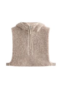 Beige színű fleece pulóver kapucnival, teljes hosszúságú cipzárral, állítható zsinórokkal és oldalra csatolókkal a biztos illeszkedés érdekében.