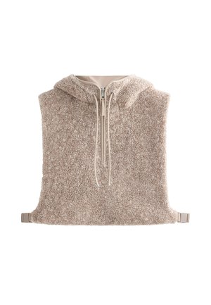 Pulover bej din fleece cu glugă, dotat cu fermoar pe toată lungimea, șnururi ajustabile și curele laterale pentru o fixare sigură.