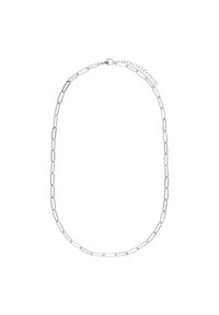 Zilveren ketting met langwerpige ovale schakels, een gladde metalen afwerking en een veilige sluiting met een verstelbare verlengkettinkje.
