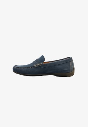 Marineblauwe suède loafers met gestikte details, een laag profiel en een rubberen zool. Kenmerkt zich door een gladde textuur en een minimalistisch ontwerp.