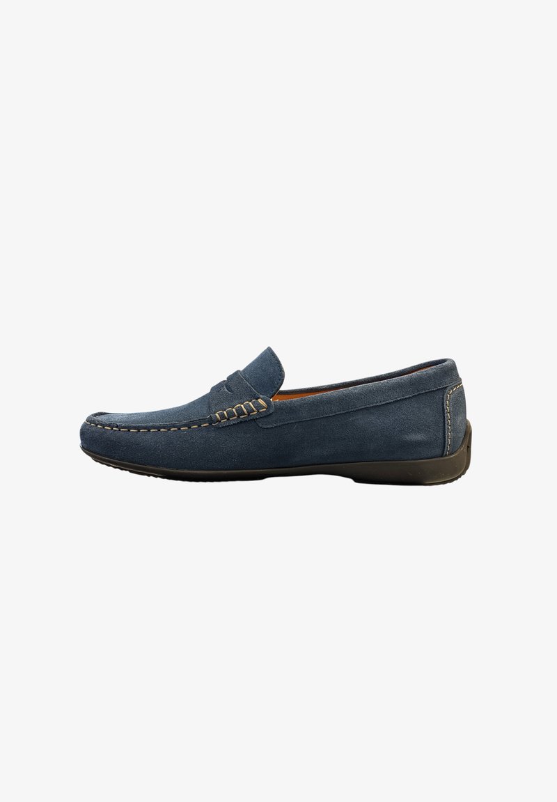 Marineblauwe suède loafers met gestikte details, een laag profiel en een rubberen zool. Kenmerkt zich door een gladde textuur en een minimalistisch ontwerp.