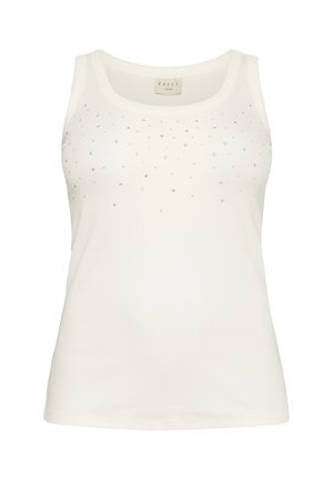 White tank top made of ribbed fabric, featuring a round neckline and embellishments of small rhinestones arranged in a scattered pattern.