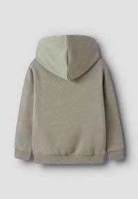 Jasnoszara bluza z kapturem, z długimi rękawami i ściągaczami, przedstawiona z tyłu na jednolitym tle.