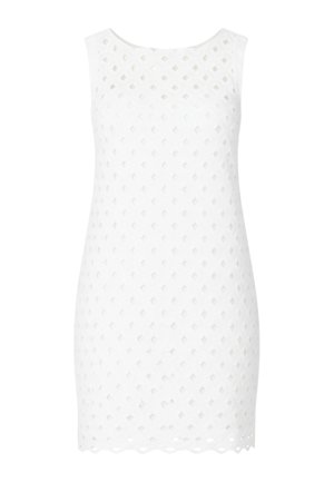 Vestito bianco senza maniche con silhouette aderente, caratterizzato da un tessuto strutturato con motivi circolari in rilievo e un orlo smerlato.