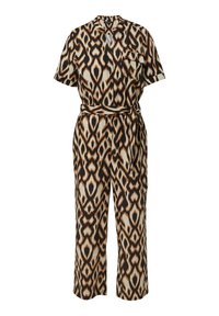 Wzorzysty kombinezon w kolorze brązowym, czarnym i pomarańczowym, z krótkimi rękawami, paskiem w talii, kołnierzykiem oraz kieszenią z przodu. Wykonany z lekkiego materiału.