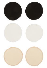 Fyra cirkulära kuddar: två svarta, två vita och två beige. Alla har sydda kanter och en slät yta, arrangerade i två rader.