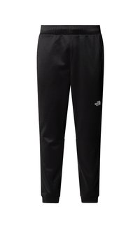 Black athletic joggers with an elastic waistband, tapered legs, and The North Face logo in white on the lower left leg. Soft fabric texture.