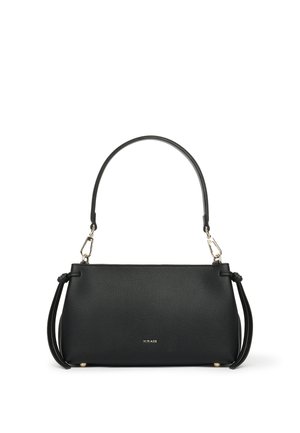 Borsa rettangolare nera con manico singolo superiore, fibbie staccabili, nodi laterali e piccolo logo dorato "MIRIADE" al centro sul davanti.