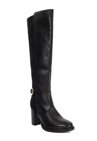 Black leather knee-high boot with a square heel, featuring a gold-tone buckle accent. Smooth texture with a sleek design.