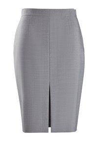 Grauer Bleistiftrock aus strukturiertem Stoff, mit mittlerer Länge und einem vorderen Schlitz für mehr Bewegungsfreiheit. Glatte Bundverarbeitung.