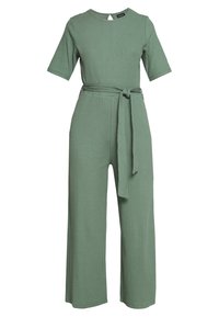 Geribbelde jumpsuit in gedempt groen, met korte mouwen, brede broekspijpen en een ceintuur met een gestrikte accent.