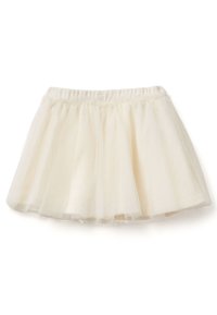 Falda de tul en color crema claro con cintura elástica; presenta una textura transparente en capas, forma acampanada y un diseño suave y ligero.