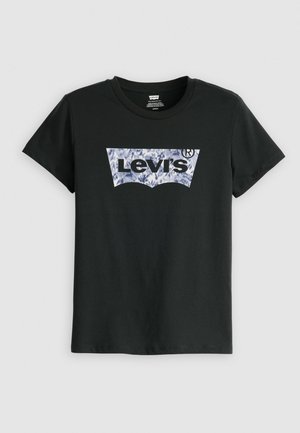 Camiseta de algodón negra con un gran logotipo de Levi's en un patrón floral con acentos azules, de mangas cortas y diseño de cuello redondo.