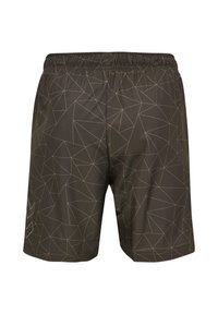 Mäns mörkbruna shorts med ett geometriskt mönster i ljusbrunt, elastisk midja och slät textur, lämpliga för aktivt bruk.
