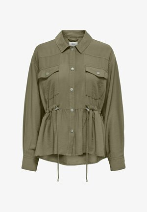 Olive green, lightweight button-up shirt with two chest pockets, elastic waistband, and drawstrings. Soft fabric with a relaxed fit.