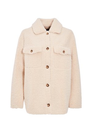 Veste en polaire beige avec un col, deux poches poitrine et des fermetures à boutons. Texture douce et coupe décontractée, idéale pour le superposition.