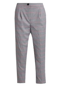 Kostkované kalhoty v černé, bílé a červené barvě. Mají přiléhavý střih s púry, zapínání na knoflík a zúžené nohavice.