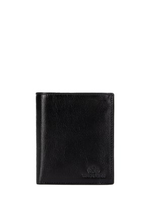 Černá texturovaná kožená dvoupolohová peněženka s decentním raženým logem v pravém dolním rohu, zobrazena zavřená na bílém pozadí.