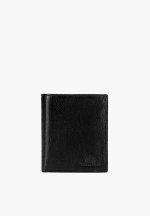 Black textured leather bifold wallet with subtle embossed logo in bottom right corner, shown closed on white background.