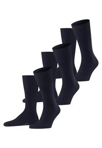 Cotton socks in dark navy, featuring a ribbed design at the top and smooth texture, with a cushioned footbed for comfort. Five pairs included.
