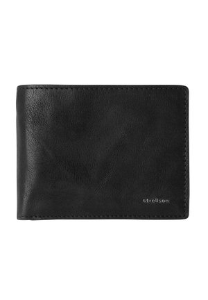 Black leather wallet with a smooth texture, bi-fold design, and stitched edges. Features embossed "Strellson" logo on the front.