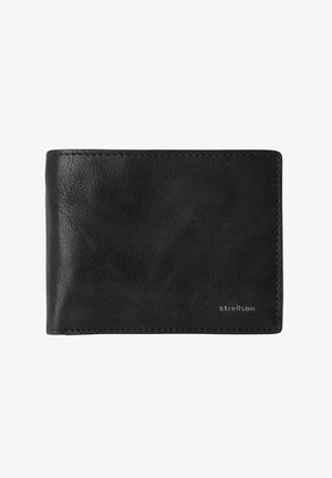 Black leather wallet with a smooth texture, bi-fold design, and stitched edges. Features embossed "Strellson" logo on the front.