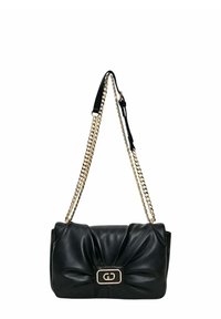 Borsa a tracolla in pelle nera con design annodato, tracolla a catena dorata e una decorazione rettangolare in metallo dorato sulla parte anteriore.