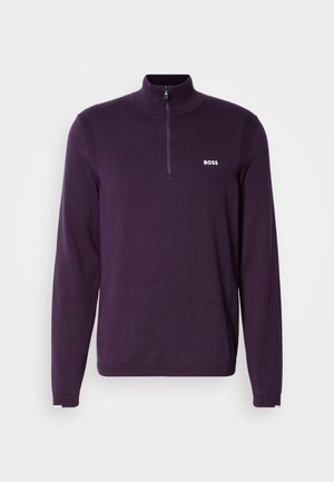 Violeta ceturtdaļas jaciņa ar rāvējslēdzēju, izgatavota no gludas auduma, ar garām piedurknēm un mazu baltu logotipu kreisajā krūtī.