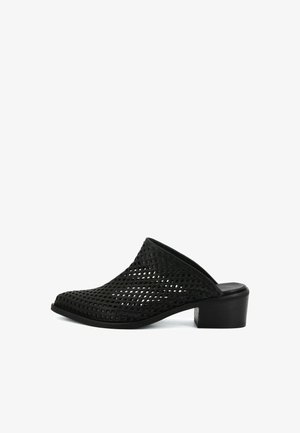 Mule nero senza lacci con design a reticolo aperto, punta appuntita e tacco basso a blocchetto.