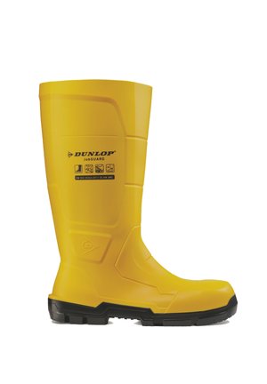 Gelber Dunlop JobGuard Sicherheitsschuh mit schwarzer Sohle, für den industriellen Einsatz konzipiert, zeigt Sicherheitszertifizierungen und rutschfeste Eigenschaften.