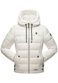 White puffer jacket with a hood, featuring quilted sections, front zipper, two side pockets, and black accent details.