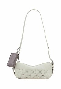 Õlakott, mis on valmistatud heledast beežist nahast, tekstuurilise viimistlusega ja dekoratiivsete ruudumustritega, millel on tsüklilised nupud. Komplektis on eemaldatav metallist kott.