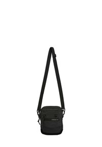 Borsa a tracolla nera realizzata in tessuto resistente con accenti testurizzati. Presenta una tasca frontale piatta, tracolla regolabile e chiusura con zip.