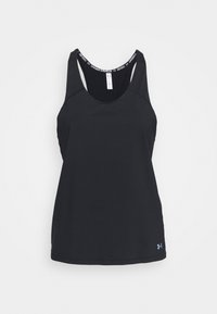 Černý bezrukávový sportovní top vyrobený z lehkého materiálu, s kulatým výstřihem, kontrastními žebrovanými ramínky a logem jako akcentem.